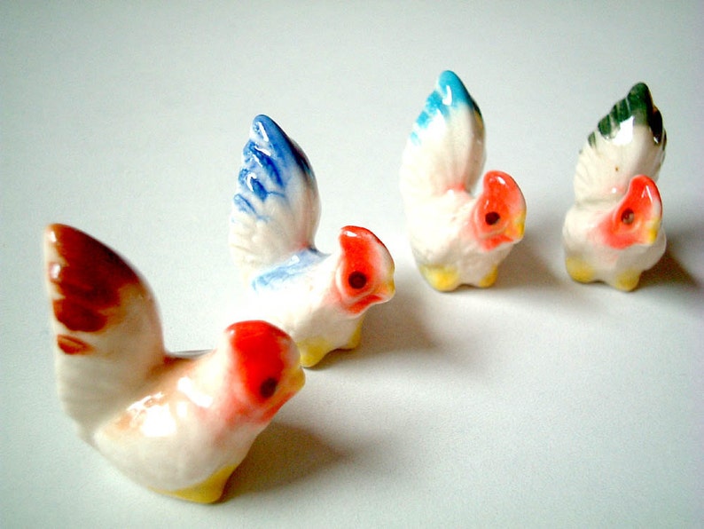 Miniature White with Blue Bottom Ceramic Chicken: rooster, cock, chick, mini animal, ceramic animal, little animal, small animal, tiny image 1