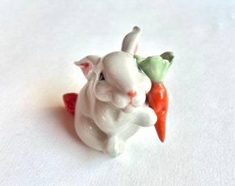 White Rabbit Figure, carrot, ceramic rabbit, bunny figure, miniature rabbit, bunny figurine, white, hare, ceramic animal, little, decor