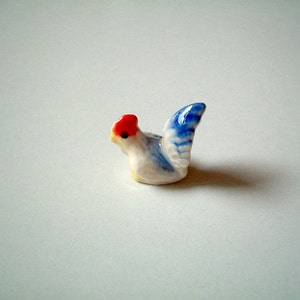 Miniature White with Blue Bottom Ceramic Chicken: rooster, cock, chick, mini animal, ceramic animal, little animal, small animal, tiny image 3