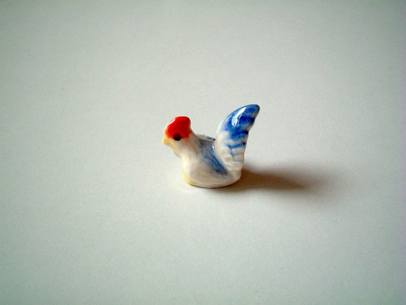 Miniature White with Blue Bottom Ceramic Chicken: rooster, cock, chick, mini animal, ceramic animal, little animal, small animal, tiny image 3