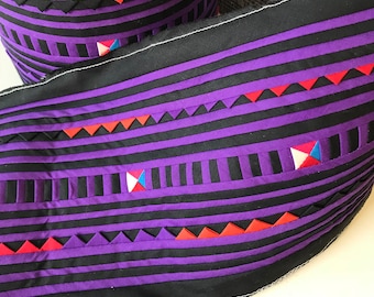 Hmong Textile, Lisu Fabric, Purple, Violet, Black, red, mix, hmong fabric, crafting, hill tribe, quilted, embroidered, fabric, stripe, quilt