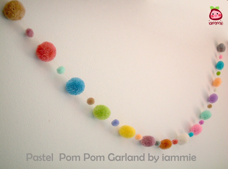 Pom Pom Garland, pastel, banner, yarn pom pom, yarn ball, sweet, pink, light blue, light green, yellow, cream, mobile, carnival, fancy image 2