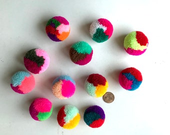 Assorted Yarn Pom Poms, party poms, handmade, pom pom, yarn balls, pink, green, blue, white, red, black, brown, yellow, 10 poms, tulle, soft