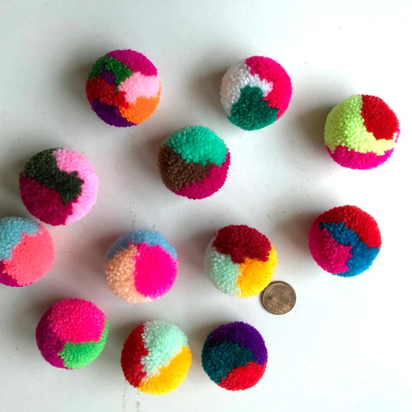 Assorted Yarn Pom Poms, party poms, handmade, pom pom, yarn balls, pink, green, blue, white, red, black, brown, yellow, 10 poms, tulle, soft