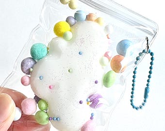 SOFT White Taba Squishy Cloud Keychain, Fun Fidget Toy,  Colorful Glittering Bag Accessories, Sunny Sky Charm,  Stress Relief