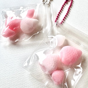 May include: Two clear plastic pouches, each with pink strawberry-shaped items. One has a silver chain, the other a pink beaded chain. The strawberries are in varying shades of pink.
