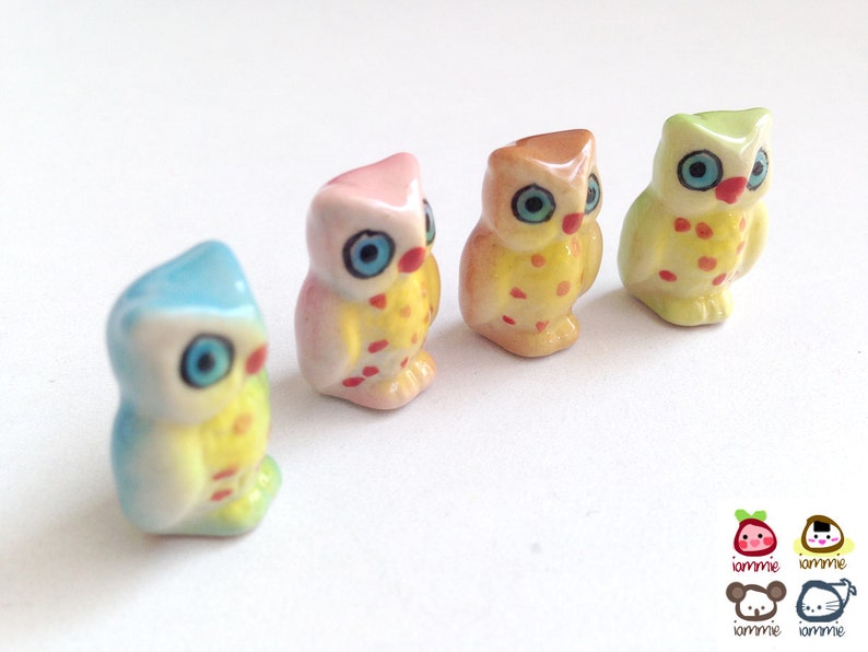 Miniature Owl Figurine, miniature ceramic owl, ceramic owl figure, miniature animal, mini animal, tiny, little owl, decoration, green image 2