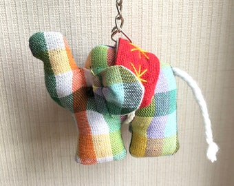 Elephant Keychain, Plaid, green, red, colorful, fabric elephant, fabric keychain, bag decoration, plush elephant, children, gift, circus