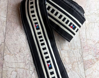 Black White Lisu Hill Tribe Quilted Fabric, Colorful Embroidered Stripe Craft Textile (1 Meter)