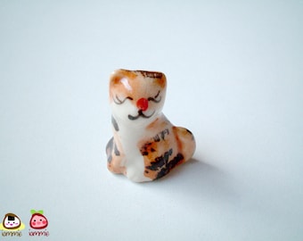 Miniature Cat Figure, Ceramic Kitten figure, ceramic cat, mini animal, miniature ceramic, mini cat, tiny kitten, ornament, brown, white