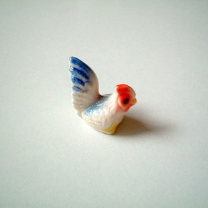 Miniature White with Blue Bottom Ceramic Chicken: rooster, cock, chick, mini animal, ceramic animal, little animal, small animal, tiny image 4