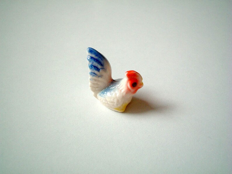 Miniature White with Blue Bottom Ceramic Chicken: rooster, cock, chick, mini animal, ceramic animal, little animal, small animal, tiny image 4