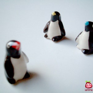 Miniature Pengiun Figurine, ceramic penguin, miniature ceramic penguin, ceramic animal, miniature ceramic animal, penguin figure, black, red