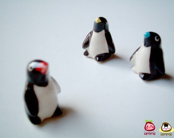 Miniature Pengiun Figurine, ceramic penguin, miniature ceramic penguin, ceramic animal, miniature ceramic animal, penguin figure, black, red