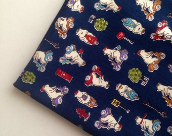 Fabric, Cotton, Navy, Blue, Bear, supplies, cute, crafting, children, teddy, doll, baby, cartoon, animal, polar bear, bike, red, ONE YARD