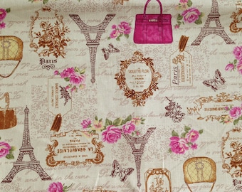 Fabric, Cream, Pink, Brown, Paris, Afternoon Tea, France, Eiffel, Macaroon, Canvas, children, cartoon, vintage style, textile, ONE YARD