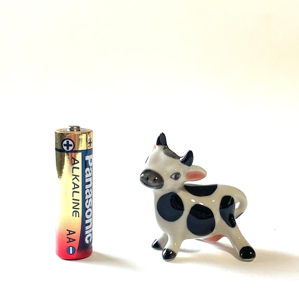 Miniature Cow, ox, ceramic cow, ceramic animal, miniature animal, white, black, milk, figurine, mini, little, tiny, elephant figure