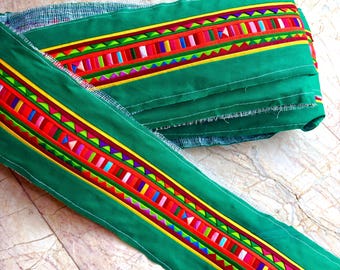 Green Lisu Hill Tribe Quilted Fabric, Colorful Embroidered Stripe Craft Textile (1 Meter)