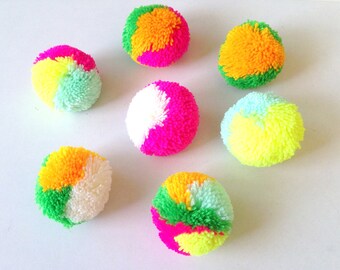 Party Yarn Pom Poms, Assorted mixed color, handmade, pom pom, bright pink, green, white, yellowish orange, neon yellow, yellow, 5 balls