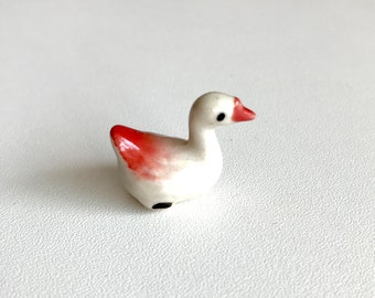 Little White with Red Bottom Ceramic Duck, goose, tiny animal, mini animal, little animal, miniature animal, small animal, geese, figurine