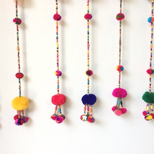 Pom Pom Garland, Dark Blue, yarn pom pom garland, party, wedding, yarn ball, colorful, rainbow, mobile, carnival, decoration, 36&quot;-47&quot;
