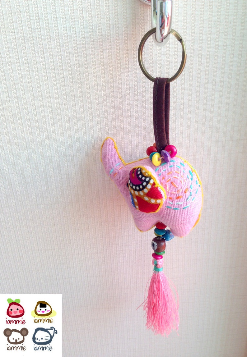 Elephant Keychain, Elephant Key chain, pink, fabric elephant, fabric keychain, xmas, ornament, plush elephant, fringe, colorful, children image 3