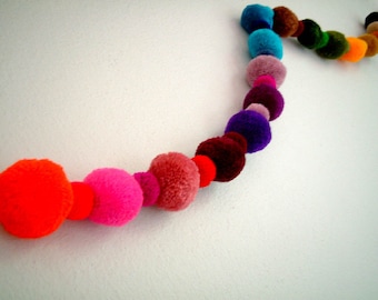 Party Yarn Pom Pom Garland, pom poms, beads, balls, scarf, yellow, red, purple, orange, mobile, blue, cream, wreath, carnival, fancy