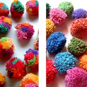 May include: A collection of colorful pom-poms made from yarn. The pom-poms are in various colors, including red, orange, yellow, green, blue, purple, and pink.