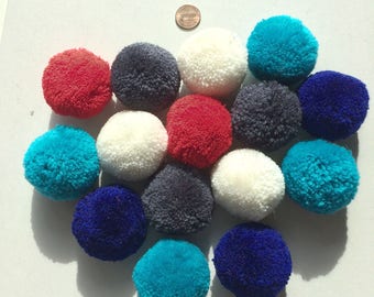 Yarn Pom Pom Set of 15, red, gray, blue, off-white, light blue, azure, crafting, balls, acrylic, balls, 2 inches