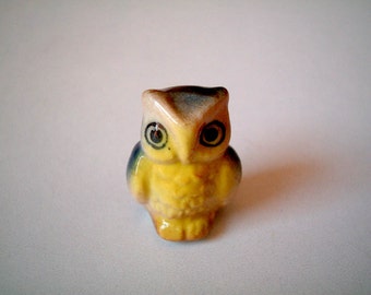 Miniature Owl, Brown Yellow with Blue Wings, Ceramic Owl, tiny animal, mini animal, miniature ceramic, tiny ceramic, little owl, decoration