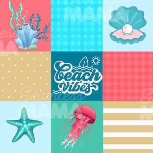 May include: A vibrant square pattern with beach-themed illustrations. It features a blue coral, a blue checked background, an open clam with a pearl, a tan background with white polka dots, the text "Beach Vibes", a red checked background, a teal starfish, a pink jellyfish, and tan and white stripes.