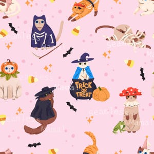 May include: A seamless pattern featuring cartoon cats dressed in Halloween costumes. The cats are depicted as skeletons, witches, mummies, and pirates, with bats, candy corn, and pumpkins on a pink background. The words "Trick or Treat" are on a cauldron.