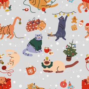 Christmas Kitties Holiday Cats Silver BG Seamless Repeat Pattern Digital File - Instant Download