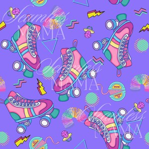 May include: A seamless pattern featuring pink and blue roller skates with yellow and white stripes on a purple background. The pattern also includes a variety of 80s-inspired geometric shapes and objects, such as a slinky, a ring, and a yo-yo.