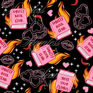 May include: A black background with a repeating pattern of pink books with the text "SMUTTY BOOK CLUB" on fire, handcuffs, chili peppers, stars, and lips.