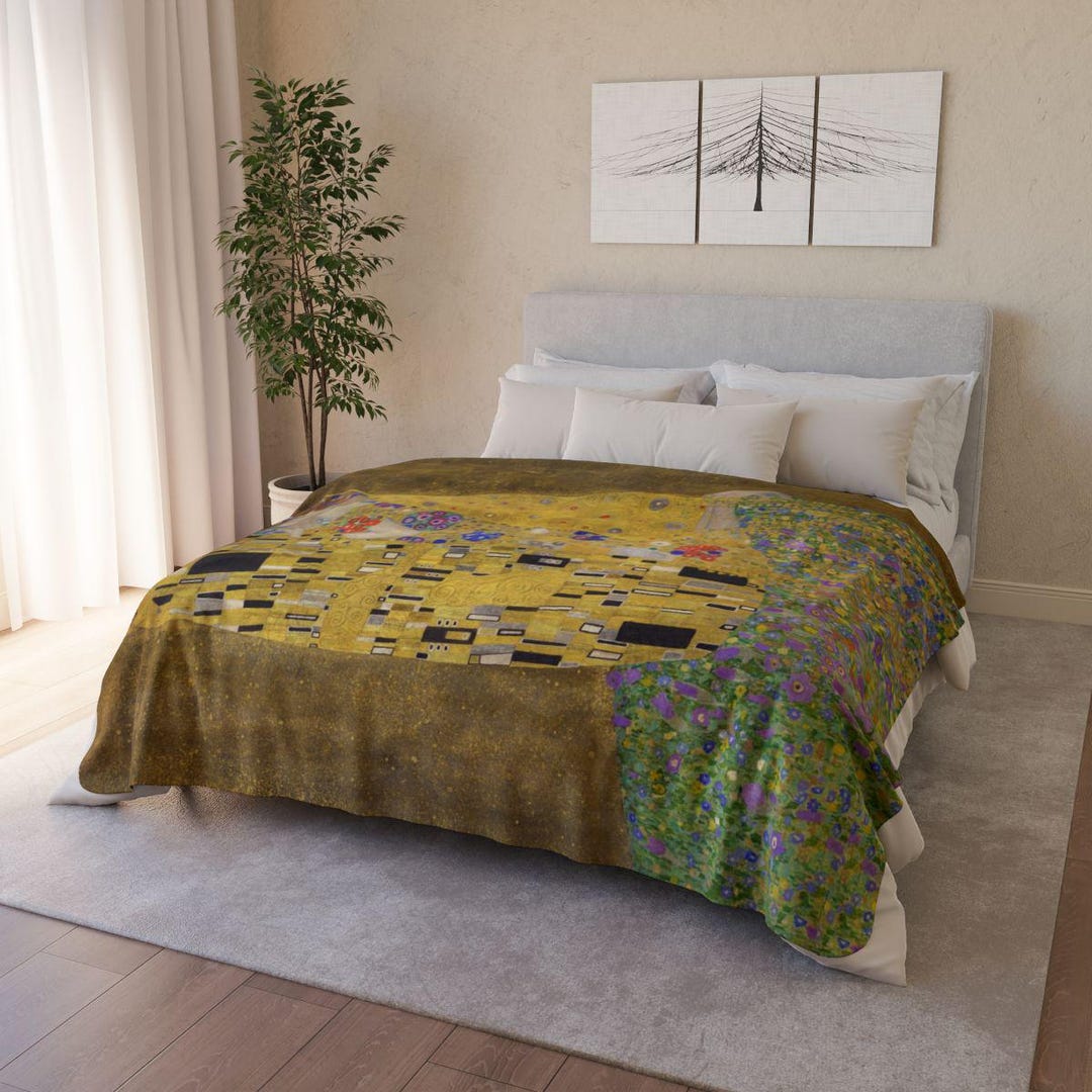 クリムト「接吻」スローブランケット：アールヌーボー調ベルベット