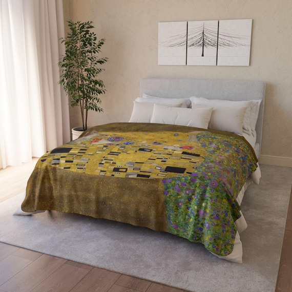 クリムト「接吻」スローブランケット：アールヌーボー調ベルベット