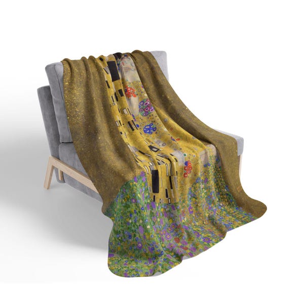クリムト「接吻」スローブランケット：アールヌーボー調ベルベット