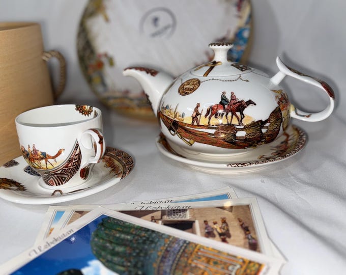 Featured listing image: Silk Road Uzbek Teapot & Tea Set with Decorative Box - Includes Cups, Plates, Luxurious Gift Packaging