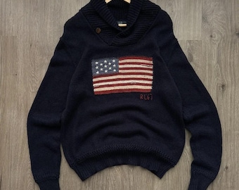 Vintage Polo Ralph Lauren USA Flag PRL Navy Blue Sweater