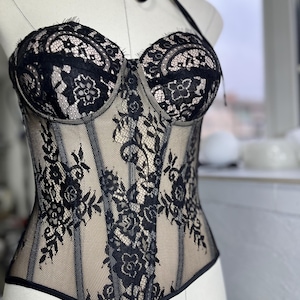 Transparent openwork corset, Lace corset,Wedding corset,corset with cups, black corset.