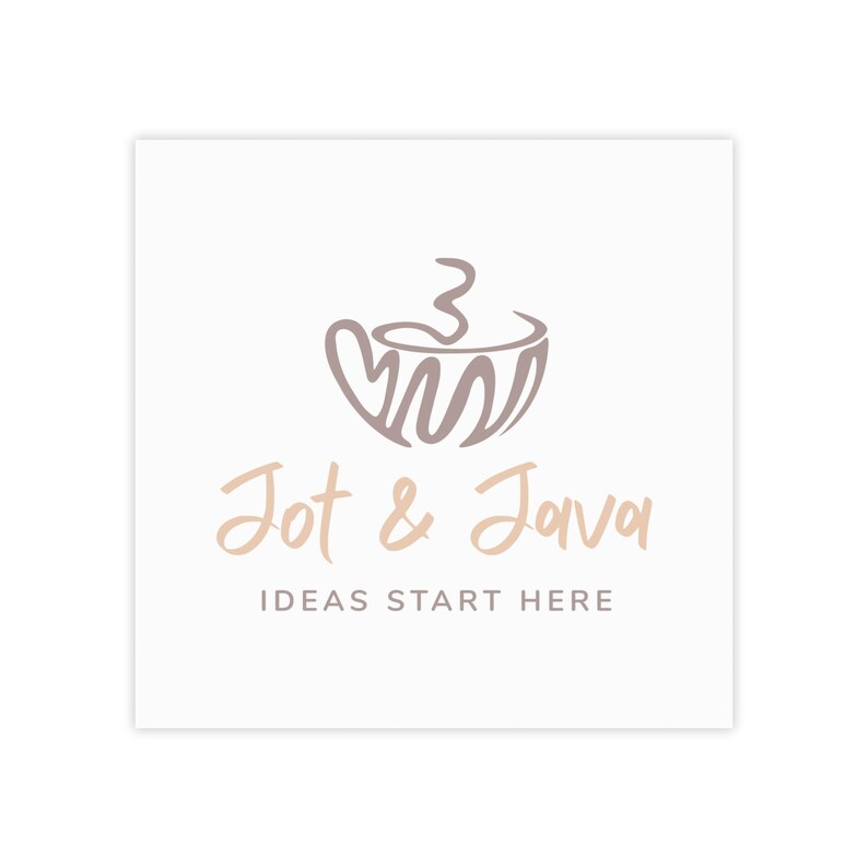 Puede incluir: Gr&aacute;fico cuadrado con las palabras "Jot & Java" en una fuente de escritura marr&oacute;n claro, con una ilustraci&oacute;n de taza de caf&eacute; encima. El lema "IDEAS START HERE" est&aacute; debajo del texto, todo sobre un fondo blanco.