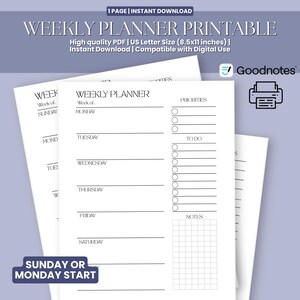May include: A white weekly planner printable with the text "WEEKLY PLANNER PRINTABLE". The planner includes sections for each day of the week, priorities, to-do lists, and notes. The planner is US Letter size (8.5x11 inches).