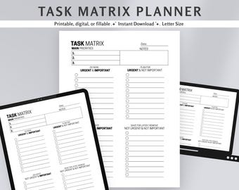 Digital Task Matrix Priority Planner | Fillable & Printable PDF | Task Management Tool | Productivity Organizer | Instant Download