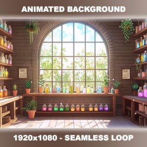 Może przedstawiać: Animowane tło przedstawiające pokój z dużym łukowatym oknem, drewnianymi półkami wypełnionymi kolorowymi szklanymi butelkami i doniczkowymi roślinami. Pokój ma rustykalny, magiczny charakter, idealny do projektów o tematyce fantasy lub przygodowych.