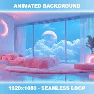 May include: A pink bedroom with a large window overlooking a night sky with clouds and a full moon. The bed has a pink blanket and pillows. There is a nightstand with a lamp and a small round rug on the floor. The room is lit with pink and blue neon lights. 1920x1080 - Seamless Loop