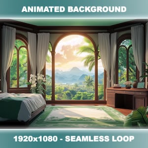 Pode incluir: Um quarto com uma grande janela com vista para uma floresta verdejante e montanhas. A janela é emoldurada por cortinas brancas e o quarto tem um piso de madeira e um tapete verde. Há uma cama com lençóis brancos e uma cabeceira verde no quarto.