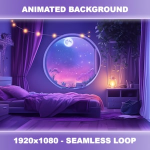Animated Background for Twitch | Starry Night Cozy Bedroom | Purple Lofi Magic | VTuber Background | Seamless Loop | Stream Overlay | OBS