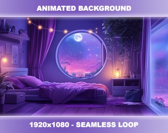 Starry Night Bedroom Animated Stream Background | Purple Lofi VTuber Overlay (Seamless Loop)