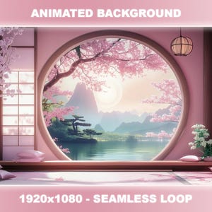 Może przedstawiać: Animowane tło przedstawiające różowy pokój z dużym okrągłym oknem wychodzącym na górzysty krajobraz z kwitnącymi wiśniami. Okno jest oprawione w drewnianą konstrukcję o tradycyjnym japońskim wzorze. Pokój jest ozdobiony różowymi poduszkami i wiszącą latarnią.
